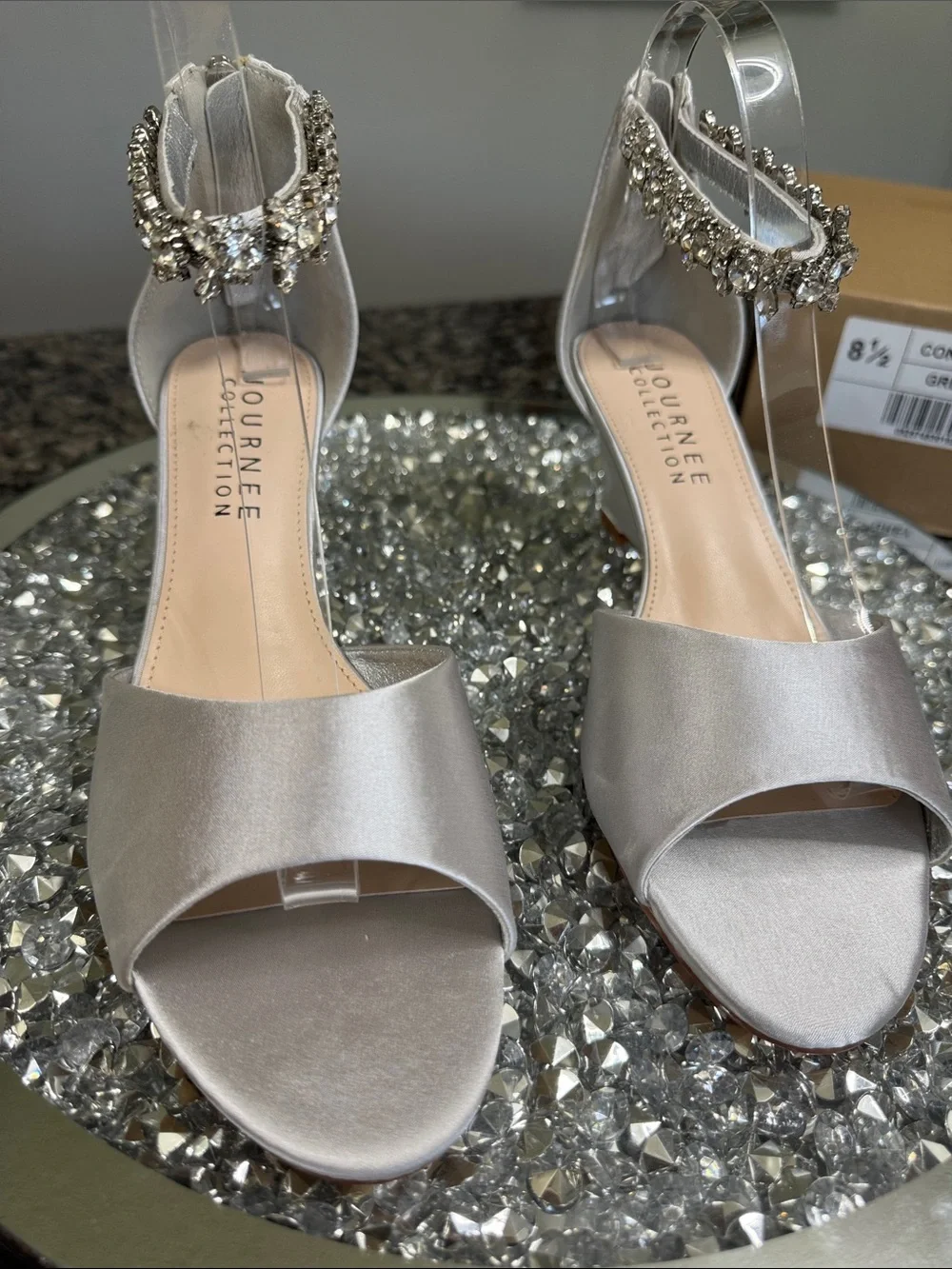 Journee Collection Conner Silver Satin Wedge Sandals Crystal Ankle Strap NEW 8.5